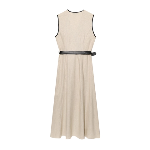Mouwloze Maxi-Jurk Met V-Hals Polyester Contrastbiezen Met Riem Elegante A-Lijn Voor Dames