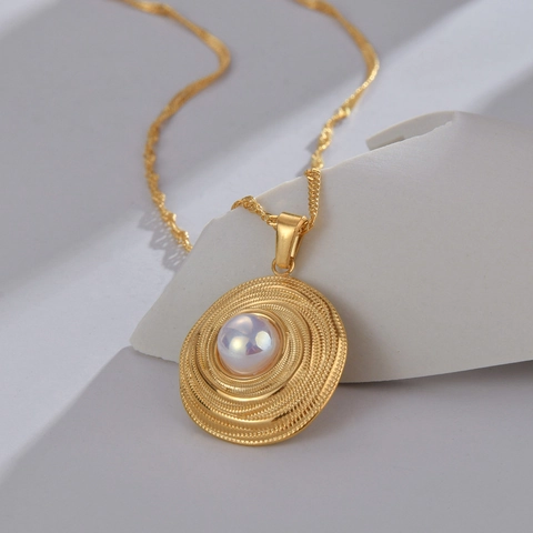 Collar Con Colgante Redondo Acero Inoxidable Perla Artificial Textura En Espiral Elegante Retro Cadena Clavícula Para Mujeres