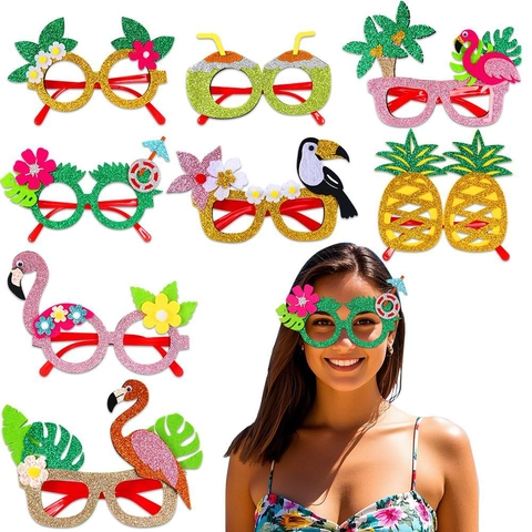 Hawaiian Tropical Party Glasses Glitter Plastic Felt Flamingo Pineapple Coconut Tree Luau Beach Theme Novelty Eyewear Photo Props
