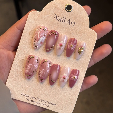 Faux Ongles Amande Press On Nails 3D Fleur Relief Feuille Or Marbre Rose Dégradé Style Français Artificiel