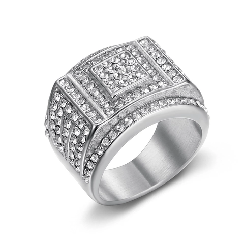 Anillo de Hip Hop para Hombre de Acero de Titanio Cara Cuadrada Strass Completo Punk Personalizado Oro Plata Joyería