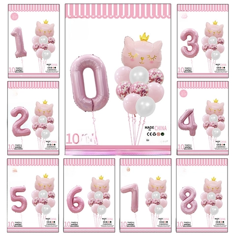 Pink Crown Cat Number Foil And Latex Balloons For Girls Birthday Party Decoration Cute Animal Theme Sweet