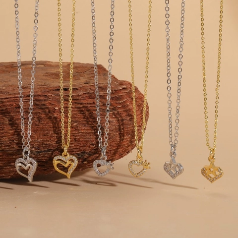 Herz Krone Stern Anhänger Halskette Kupfer Mit Zirkonia Einfacher Schicker Modeschmuck Für Damen 14K Gold Platin Plattiert