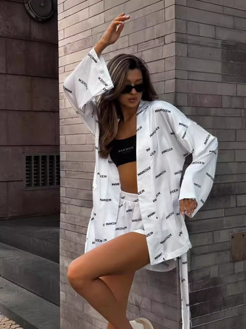Women Satin Loungewear Long Sleeve Tie Front Top Camisole And High Waist Shorts Letter Print Casual Fashion