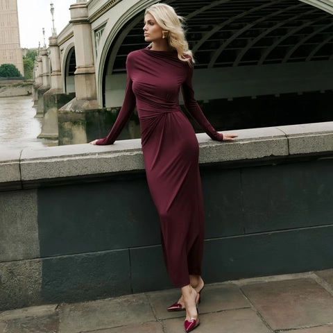 Damen Maxi Kleid Langarm Raffung Slim Fit Figurbetont Einfarbig Sexy Party Abend Elegant Kleid