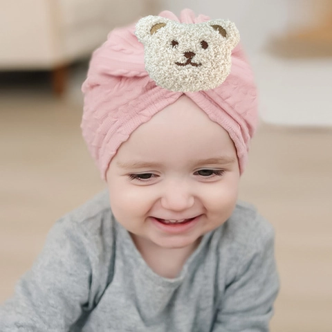 Baby Turban Hat Knitted Soft Beanie With Plush Bear Patch Cute Ribbed Headwrap For Infants Toddlers Boys Girls