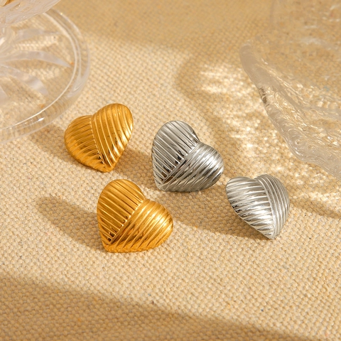Hart Oorknopjes Roestvrij Staal 18K Verguld Geribbelde Golvende Textuur Minimalistische Mode-Sieraden Voor Dames