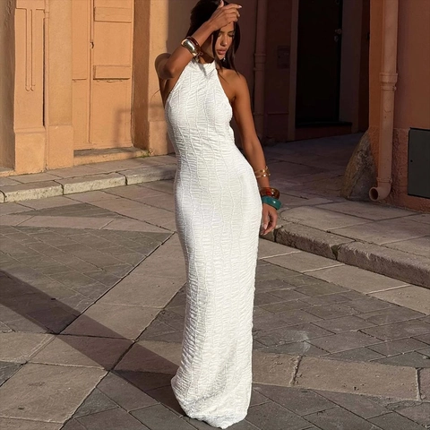 Vestito Maxi Sexy Allacciato Al Collo Schiena Scoperta Donna Maglia Testurizzata Arricciata Slim Fit Estate Festa Elegante Bianco