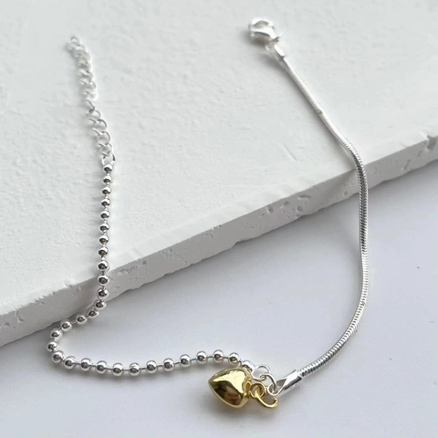 Bracelet Pendentif Coeur en Argent Sterling S925 pour Femmes Bicolore Chaîne Mixte Perles et Serpent Bijoux Minimalistes