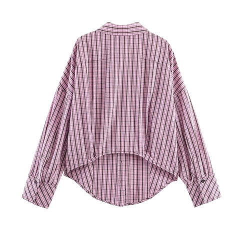 Dames Geruit Shirt Met Lange Mouwen Polyester Knoopsluiting Taille Met Trekkoord Revers Blouse Met Zak