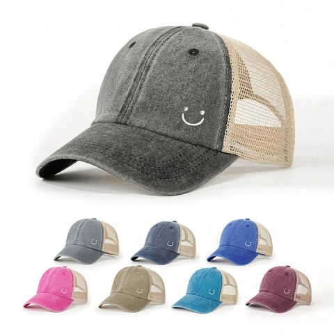 Cappellino Da Baseball In Cotone Lavato Vintage Con Rete Traspirante Trucker Hat Ricamo Smiley Regolabile Protezione Solare Stile Retrò
