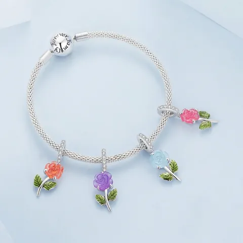 Photochromic Rose Flower Charm Pendant 925 Sterling Silver UV Color Changing Resin Enamel With Zircon For Women