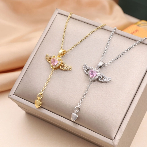 Collana con Pendente a Cuore Mobile in Acciaio al Titanio con Ali di Angelo per Donna Zirconia Intarsiata Catena da Clavicola Oro Argento Gioielli Regalo