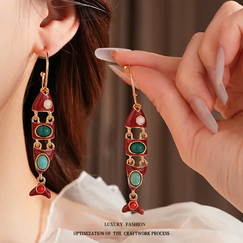 Fisch Ohrhänger Mit Roter Emaille Bunte Steine Legierung Vintage Retro Stil Lange Tropfen Für Damen Mit Silver Earring Post