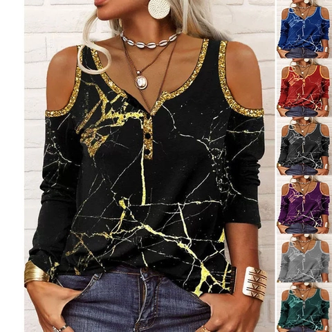 Damen Schulterfreies Langarm T-Shirt Marmordruck V-Ausschnitt Knopf Detail Lässig Locker Polyester Top Mode Streetwear