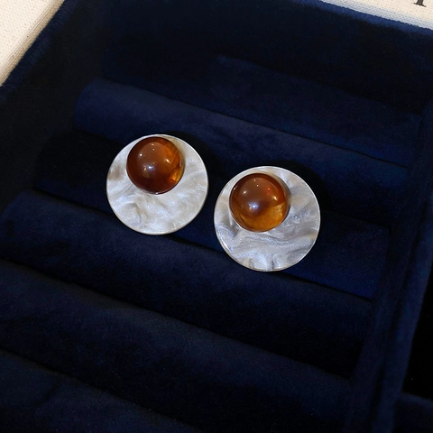 Orecchini A Lobo Rotondi Retrò Da Donna Gioielli Geometrici In Lega Martellata Con Perla In Resina Ambra E Perno In Argento