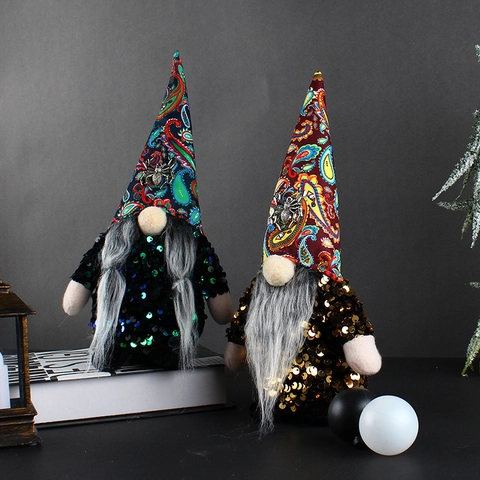 Halloween Gnome Plush Doll Sequin Faceless Dwarf Paisley Hat Metal Spider Decoration Desktop Table Ornament Spooky