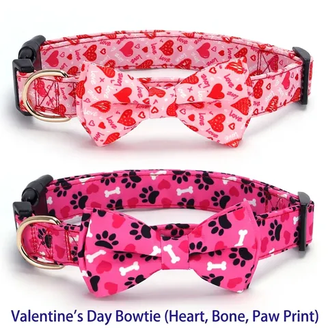 Adjustable Pet Collar And Bowtie Polyester Holiday Printed Shamrock Heart Easter Egg Decor For Dogs Cats