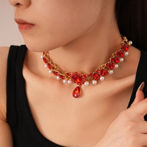 Collana Fiore Goccia Vintage Strass Imitazione Perla Artificial Lega Gioielli Dichiarazione Lusso Per Donne Catena Clavicola Elegante