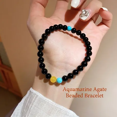 Bracciale Di Perline Fatto A Mano Agata Nera Pietra Turchese Blu Elastico Gioielli Retro Minimalisti Unisex