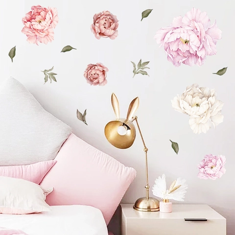 Watercolor Peony Flower Wall Stickers Removable PVC Floral Wall Decals For Bedroom Living Room Home Decor