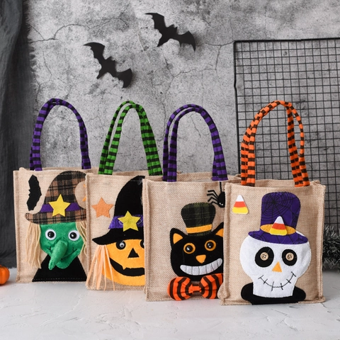 Halloween Candy Bags Linen Tote Portable Gift Treat Sacks Pumpkin Witch Black Cat Skeleton For Trick Or Treat Party Favors