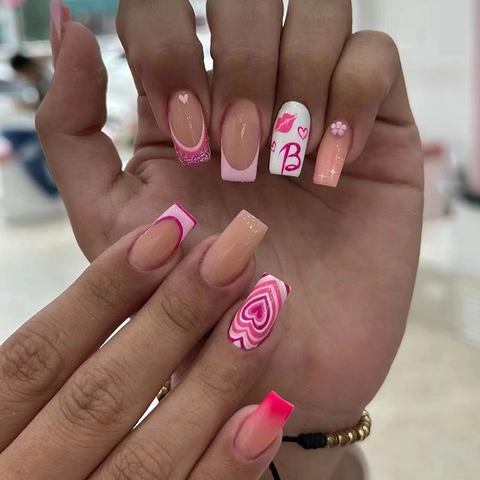 Pink Heart French Press On Nails Square Long Length False Nail Tips Sweet Trendy Manicure Art For Women