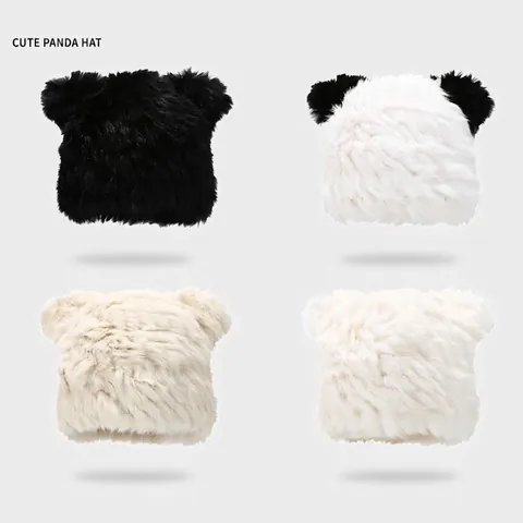 Damen Winter Plüsch Panda Ohren Beanie Mütze Kunstfell Warm Winddicht Outdoor Süße Tierohren Neuheit Haube