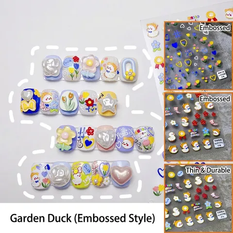 Autocollants Nail Art Gaufrés 5D Relief 3D Auto-adhésifs Motif Canard Dessin Animé Fleur Style Japonais Manucure