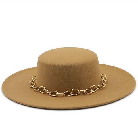 Vintage Flat Top Wide Brim Boater Hat With Gold Metal Chain Polyester Cotton Felt Style For Women Men Elegance Jazz Hat