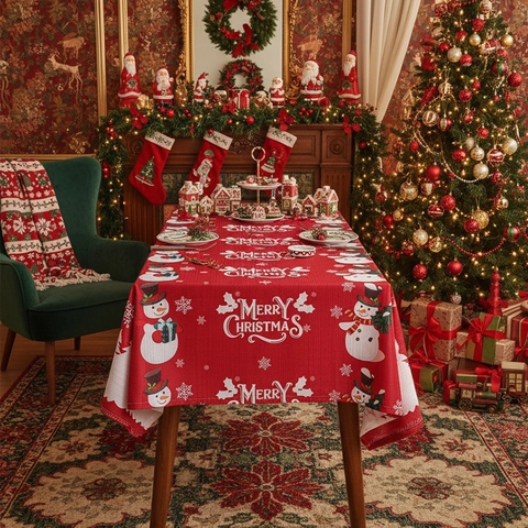 Weihnachten Tischdecke Rechteckig Polyester Tischdecke Mit Schneemann Karo Schneeflocke Druck Für Feiertag Party Dinner Home Decor