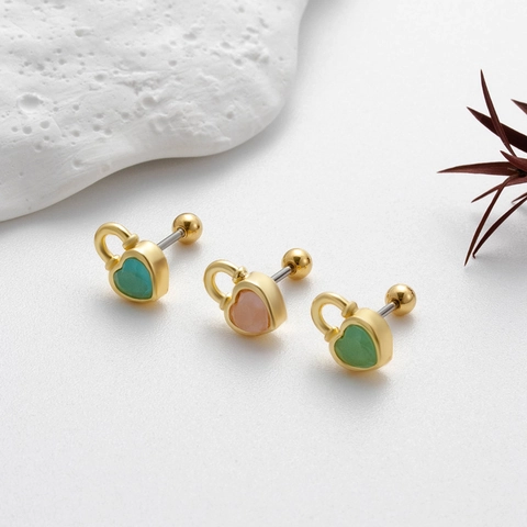 Heart Shaped Cartilage Piercing Stud Earrings Stainless Steel Screw Back Copper Inlaid Colorful Zircon Jewelry For Women