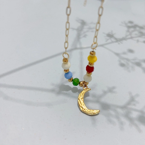 French Vintage Moon Pendant Necklace Titanium Steel 18K Gold Plated Luxury Colorful Bead Chain Jewelry For Women Gift