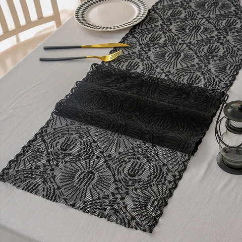 Halloween Table Runner Black Lace Spider Web Ghost Hand Pattern Hollow Out Polyester Decoration For Party Home Dining