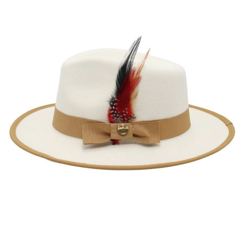 Vintage Fedora Hat Wool Felt Texture Wide Brim With Feather Bow Ribbon Elegant Jazz Hat For Men Women
