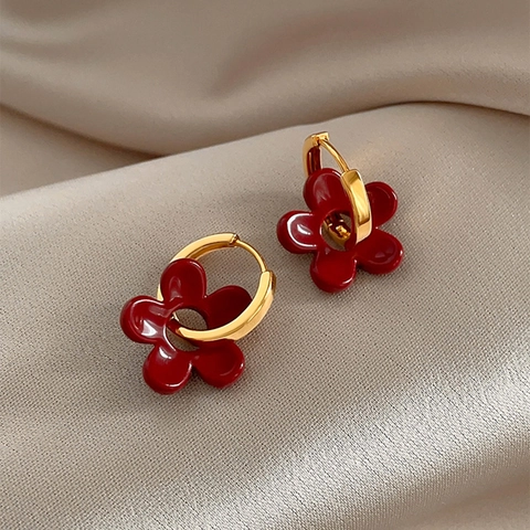 Vintage Bloem Hanger Oorbellen Koper Goud Rood Emaille Druppel Olie Gesp Hoop Voor Vrouwen Elegante Franse Stijl Chic