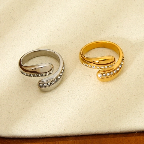 Stainless Steel Open Ring Waterproof 18K Gold Plated Rhinestone Water Drop Crossover Elegant Adjustable For Women