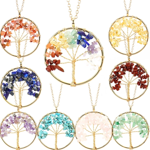 Tree Of Life Pendant Necklace Handmade Wire Wrapped Alloy With Crystal Gemstone Gravel Bohemian Retro Ethnic For Women