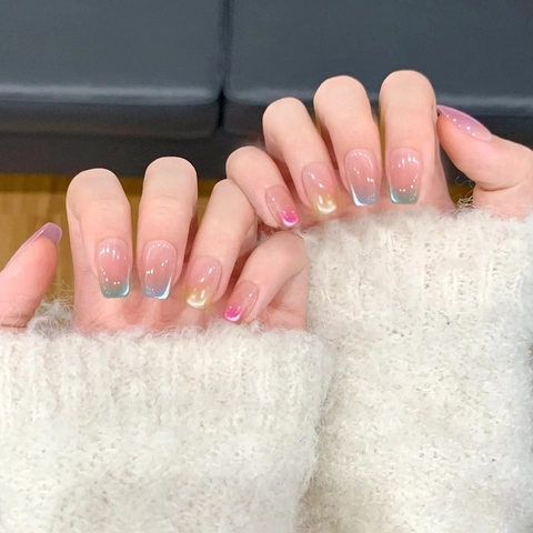 Cat Eye Press On Nails Rainbow Gradient Macaron Colors Square Round False Nails ABS Glossy Long Lasting