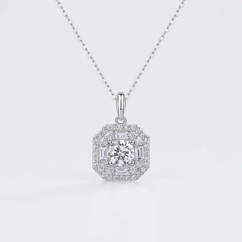 Collana con Ciondolo in Moissanite in Argento Sterling 925 per Donna Ottagono Halo Scintillante Taglio Tondo Gioiello Lusso