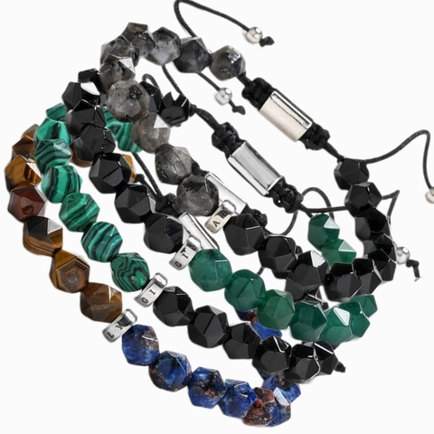 Faceted Natural Stone Beaded Bracelet Handmade Tiger Eye Malachite Gemstone Adjustable Woven Cord Jewelry For Men
