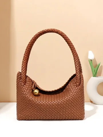 Woven Shoulder Bag PU Leather Large Capacity Tote With Golden Metal Ball Charm Vintage Handbag For Women Daily Commute