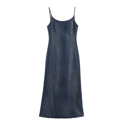 Washed Denim Kleid Spaghetti Träger Bodycon Midi Länge Slim Fit Retro Blau Ärmellos Elegant Style Für Frauen