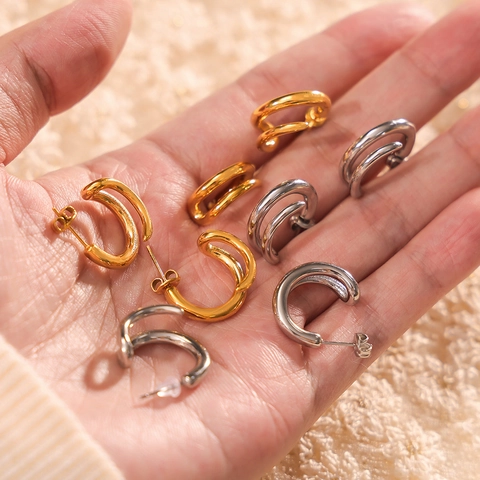Pendientes de Botón Geométricos de Doble Capa de Acero de Titanio Minimalistas Oro Plata Galvanizados Diseño de Torsión Joyería Mujer