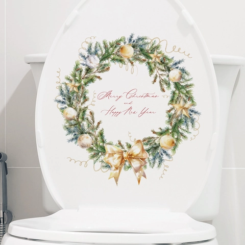 Christmas Wreath Wall Sticker PVC Waterproof Removable Bathroom Toilet Seat Decor Watercolor Hand Painted Festive Holiday