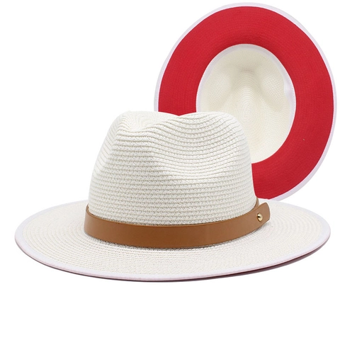 Fedora Panama Hat Straw Woven Wide Brim Sun Protection Summer Beach Vacation Jazz Style With Leather Band For Men Women