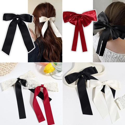 Large Bow Hair Clip With Long Streamers Satin Lace Faux Artificial Pearl French Elegant Hair Accessory For Women Girls