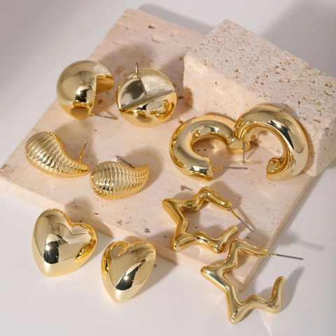 Geometrische Vergulde Legering Oorbellen Met Koperen Oorsteker Hart C-Vorm Spiraal Drop Studs Vintage Glanzende Sieraden