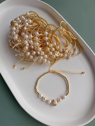 Freshwater Pearl Bracelet With 18K Gold Plated Beads Rhinestone Star Moon Heart Pendant Adjustable Cord For Women