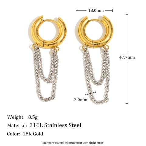 Stainless Steel 18K Gold Plated Hoop Earrings With Silver Chain Tassels Two Tone Minimalist Jewelry For Women